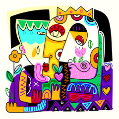 Abstract  face portrait ethnic decorative hand drawn character vector illustration. Trendy contemporary modern vintage design for wall art, print,poster,card,cover.