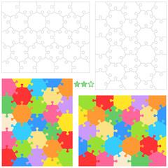 Fototapeta na wymiar Hexagonal jigsaw puzzles blank templates and colorful patterns 