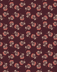Decorative autumn modest pattern with rowan branches and berries on a dark brown background