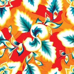 orange wave background illustration with colorful tropical plant leaves seamless pattern on grunge background. blue pink colored design. vector decorative. nature wallpaper. Floral background. summer