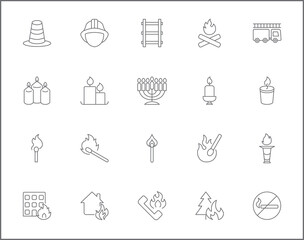 Simple Set of fire Related Vector Line Icons. Contains such Icons as candle, disaster, fireplace, firefighter, hydrant, safety, light symbols and more.