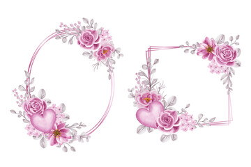 Fototapeta na wymiar beautiful flower frame rose pink set with line gold