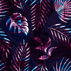 foliage seamless pattern with abstract colorful tropical leaves on dark grunge background. shadow background. pink and blue color. tropical elements. jungle wallpaper. nature wallpaper. Exotic tropic