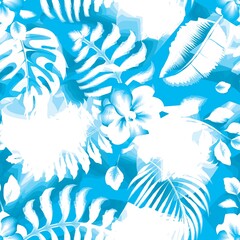 Fototapeta na wymiar blue monochromatic style tropical leaves seamless pattern with banana monstera leaf and coconut plants foliage on grunge background. abstract wallpaper. Floral background. Exotic tropics. Summer 