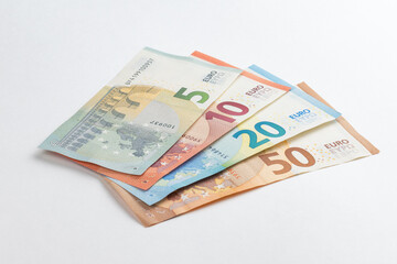 Obraz na płótnie Canvas 5, 10, 20, 50 euro banknotes. Money on white background