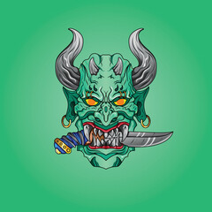 green hannya mask and horns on his head with japanese style culture illustration sword