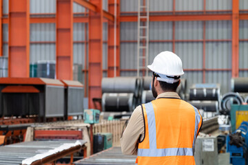 selective focus at men engineer who wearing safety equipment and looking into factory or industrial...