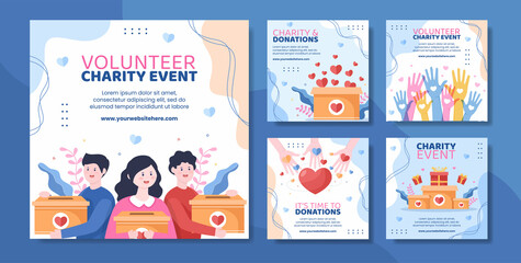 Charity Donation Social Media Post Template Flat Cartoon Background Vector Illustration - obrazy, fototapety, plakaty