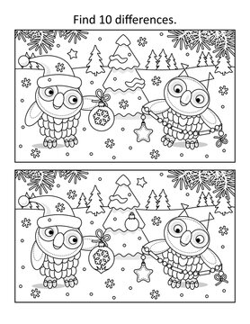 Difference game with two owls decorating christmas tree. Find 10 differences picture puzzle and coloring page. Black and white.
