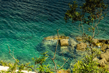 Closeup of rocks protruding from the water, top view, summer, Adriatic Sea