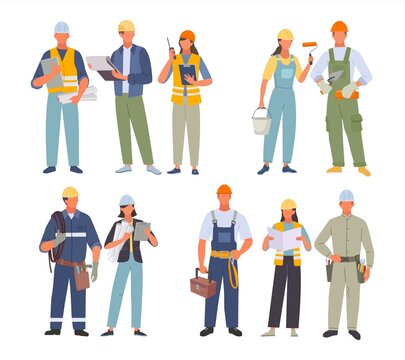 industrial workers. professions engineers painters electricians technicians architects and builders in uniform standing together. Vector people workers