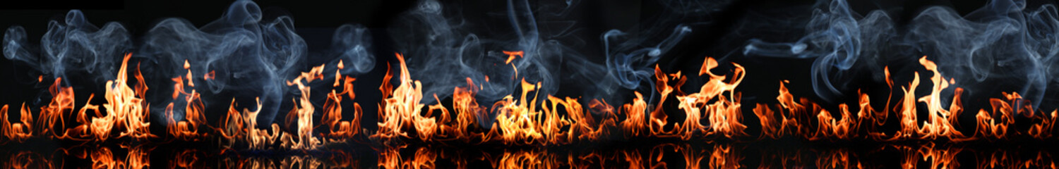 Bright fire flames with smoke on black background. Banner design