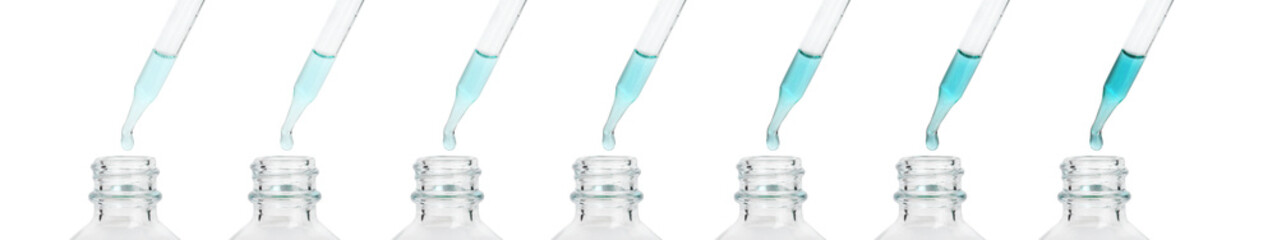 Dripping essential oils from pipettes into glass bottle on white background, collage. Banner design