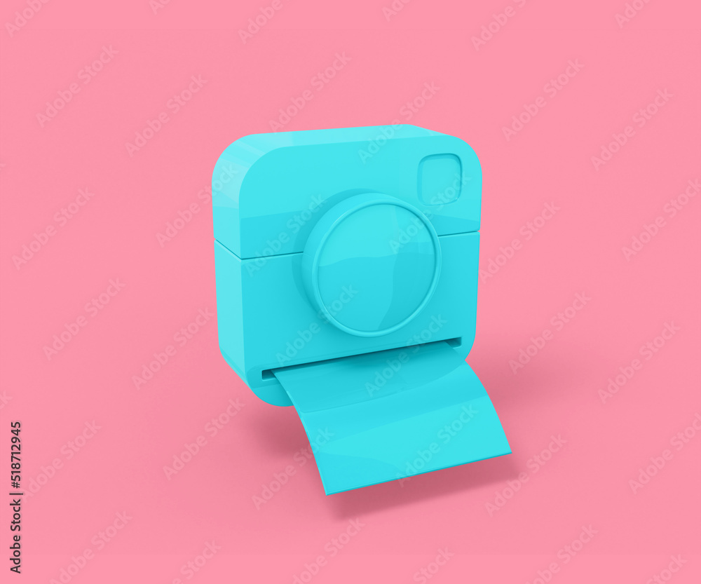 Poster blue camera with instant photos on a pink background. minimalistic design object. 3d rendering icon 