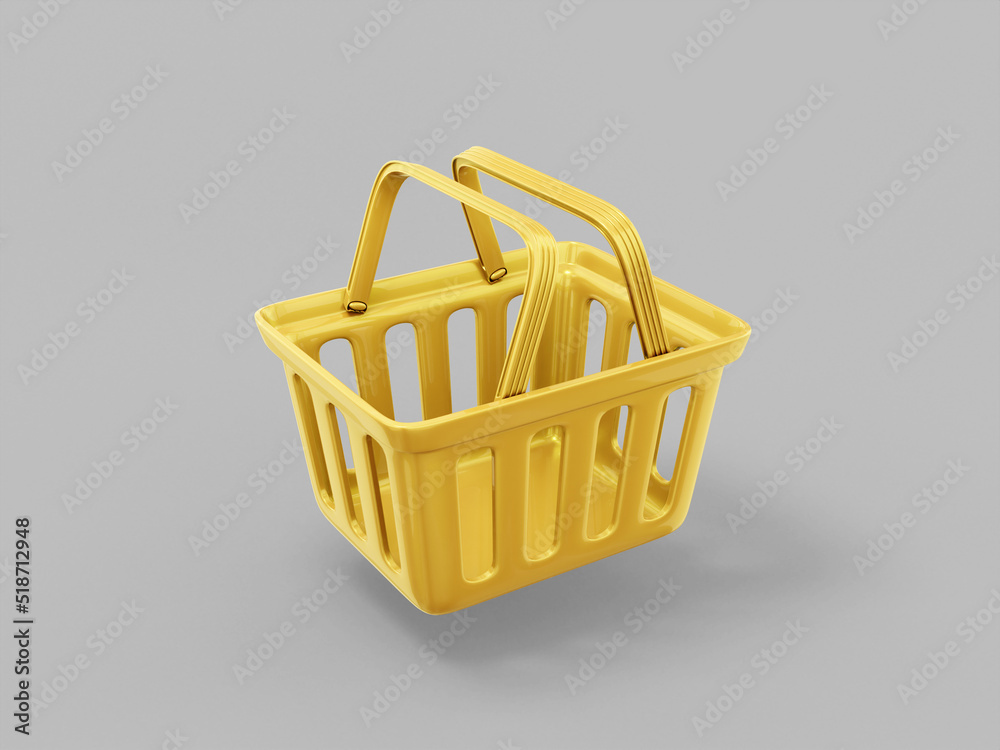 Poster gold mono color shopping cart half view on gray solid background. minimalistic design object. 3d ren