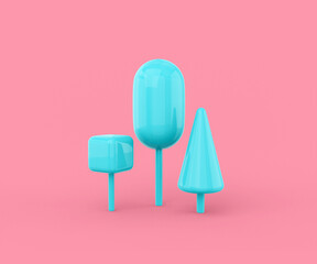 Blue trees of different geometric shapes cube, oval, cone on a pink background. Minimalistic design object. 3d rendering.