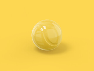 Yellow mono color tennis ball on a yellow solid background. Minimalistic design object. 3d rendering icon ui ux interface element.