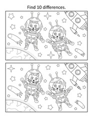 Kittens the astronauts, or cosmonauts, in outer space. Find 10 differences picture puzzle and coloring page. Black and white.
