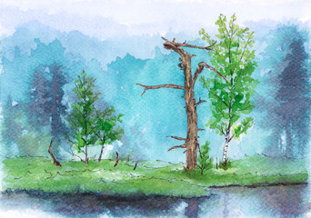 Dead tree on swamp. Ink and watercolor on paper.