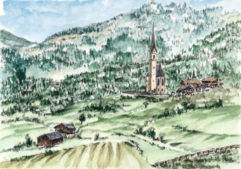 Mountain village. Charcoal and watercolor on paper.