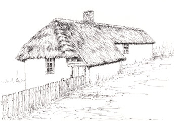 Ancient house with thatched roof. Ink on paper.