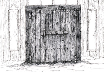 Closed wooden door. Ink on paper.
