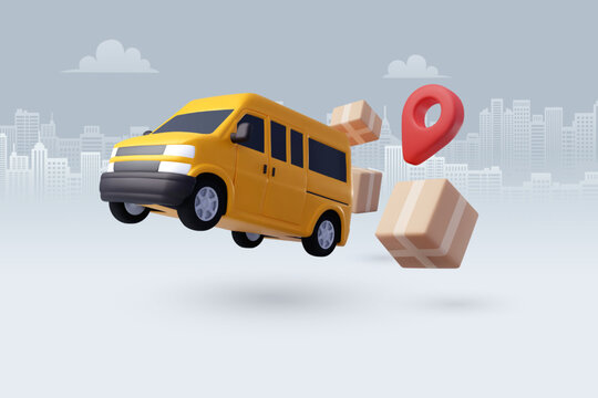 3d Vector Delivery Van with Box cargo, Delivery and online shopping concept.