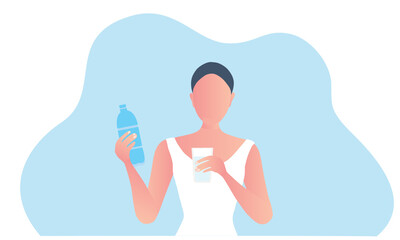 Healthy woman drinking water from plastic bottle vector illustration. Healthy lifestyle concept