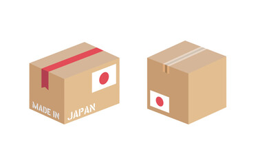 box with Japan flag icon set, cardboard delivery package made in Japan