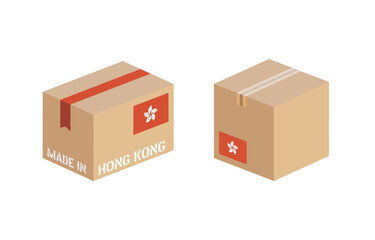 box with Hong Kong flag icon set, cardboard delivery package made in Hong Kong