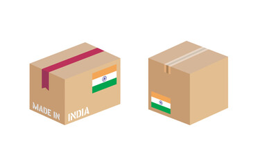box with India flag icon set, cardboard delivery package made in India