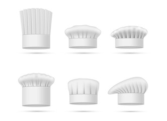 White chef s hat different shape set realistic vector illustration. Cook caps and baker toques - obrazy, fototapety, plakaty