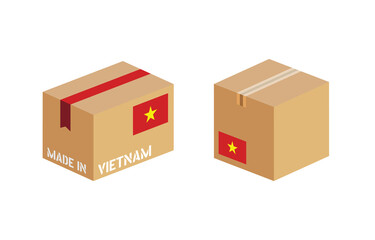 box with Vietnam flag icon set, cardboard delivery package made in Vietnam