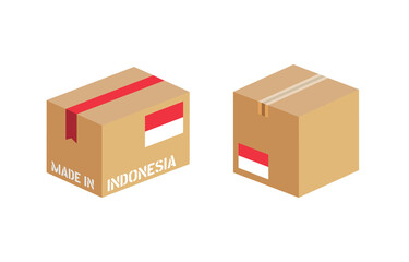 box with Indonesia flag icon set, cardboard delivery package made in Indonesia