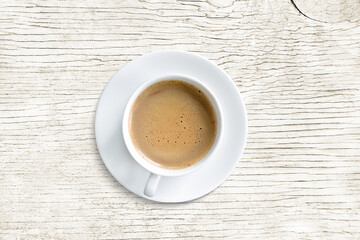 coffee mug, top view, isolated on white wooden table