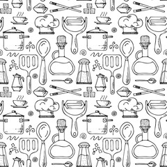 Fototapeta na wymiar Vector seamless pattern of kitchen tools. Hand drawn doodle cooking equipments. background for restaurant menu, recipe book, and wallpaper.
