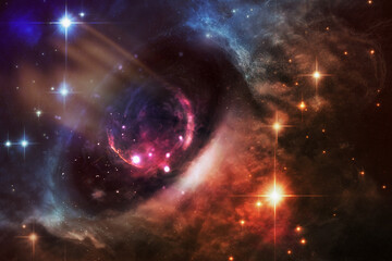 Background of fantasy alien galaxy with orange and blue glowing clouds and stars. Black hole core between different parts of space. Portal to other dimension. Elements of this image furnished by NASA.