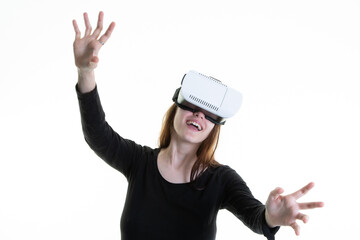 virtual reality futuristic portrait of fun woman exploring metaverse in vr headset