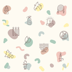 Abstract Vector pattern on the theme of fire, candle, disaster, fireplace, firefighter, hydrant, safety, light and more. simple color icons on beige background.