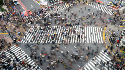 Aerial long exposure over Shibuya crossing with many pedestrians and vehicles crossing the junction...