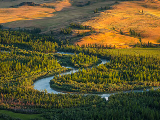 Bright sunny autumn landscape with winding river and  sunlit gold valley with green fir trees on mountainside under cloudy sky. Awesome alpine scenery with beautiful mountains in golden sunshine.