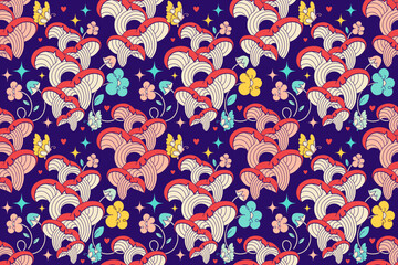 Mystery seamless pattern with groovy mushrooms. Retro 60s, 70s floral graphic. Hippie style hallucination background. Vintage spiritual vision. Sacred Textile, fabric, wrapping, wallpaper, background.