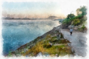 Mekong river landscape of Thailand watercolor style illustration impressionist painting.