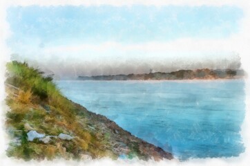 Mekong river landscape of Thailand watercolor style illustration impressionist painting.