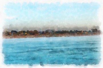 Mekong river landscape of Thailand watercolor style illustration impressionist painting.