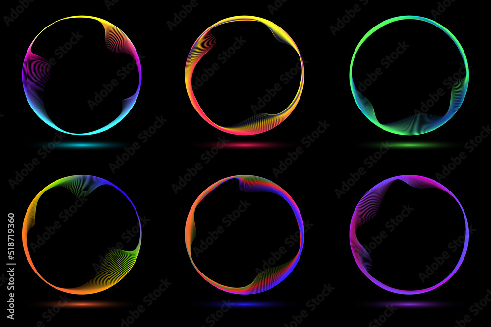 Poster set of glowing neon color circles round curve shape with wavy dynamic lines isolated on black backgr