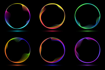 Set of glowing neon color circles round curve shape with wavy dynamic lines isolated on black background - 518719360