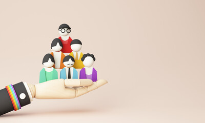 Hands holding, LGBTQ people isolated. cartoon character with globe. Concept of homosexual, gay community, tolerant LGBTQ society. Lesbians and gays as representatives of LGBT people. -3d render