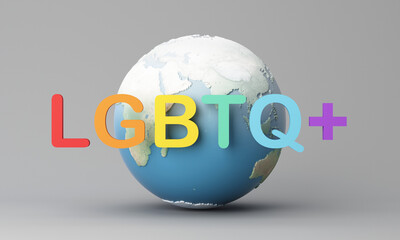 Hands holding, LGBTQ people isolated. cartoon character with globe. Concept of homosexual, gay community, tolerant LGBTQ society. Lesbians and gays as representatives of LGBT people. -3d render