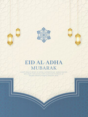 Eid al-Adha Mubarak Islamic Arabic White Background with Geometric Pattern and Beautiful Ornament with Lanterns